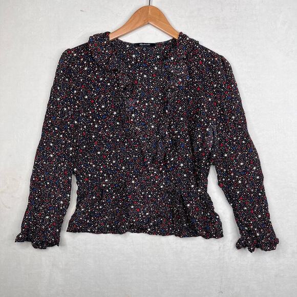 Madewell Black Silk Ruffle-Hem Wrap Top in Starry Night Women’s Size Large - Picture 4 of 10